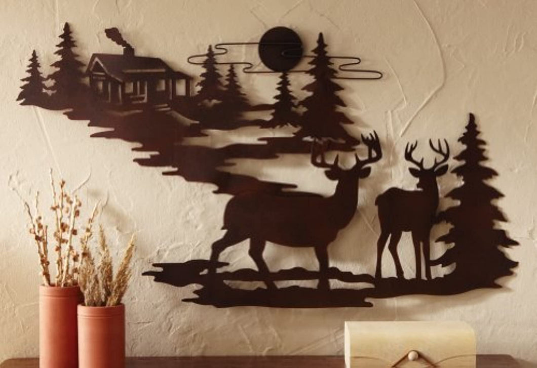 Deer And Cabin Metal Wall Art