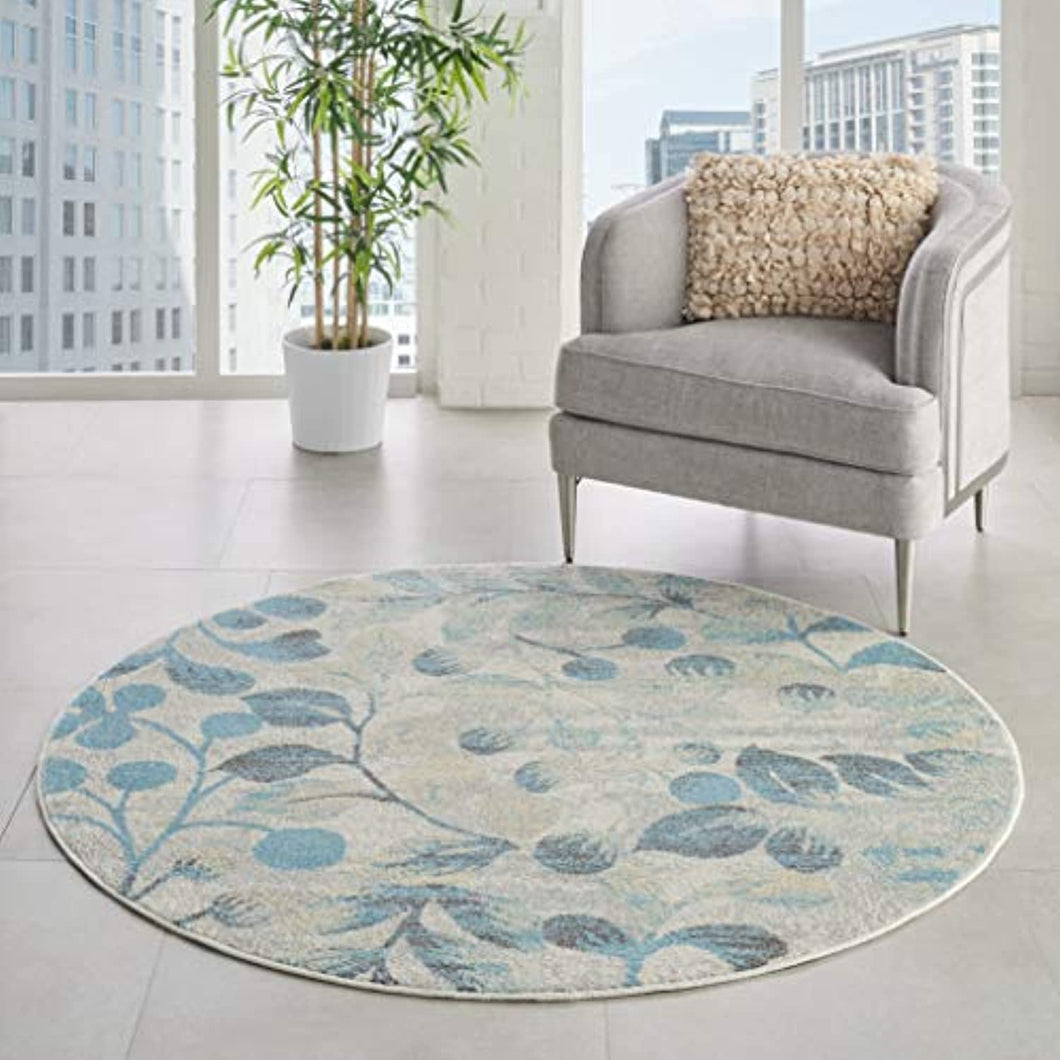 Ivory & Turquoise Round Area Rug 5'