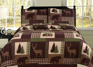 Brown Deer & Bear Patchwork Quilt Set